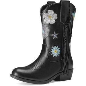 Girls Black Cowgirl Boots With Tassel Floral Embroidered Kids Western Boots